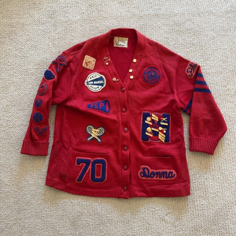 VINTAGE Whiting Letterman Cardigan Teens M Red Wool San Manuel Pep 70s